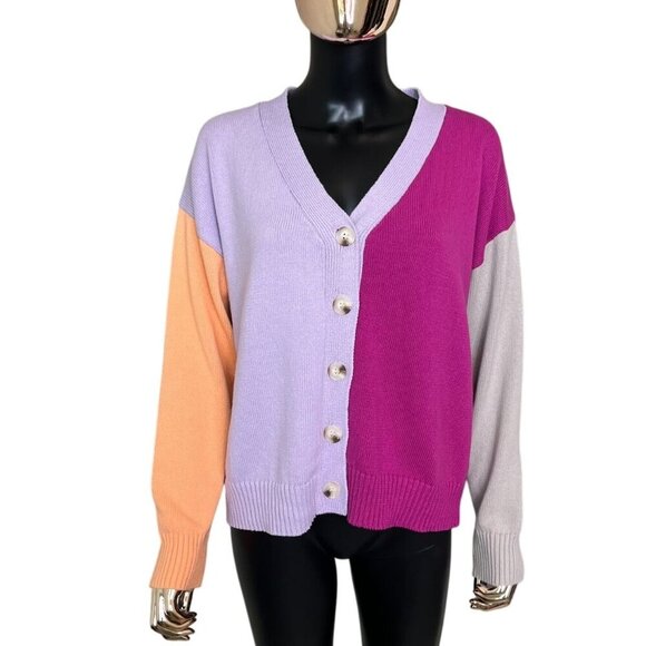 Easel Color Block Cardigan Lilac Peach Magenta Button Front Sweater NWT Small - Picture 2 of 12